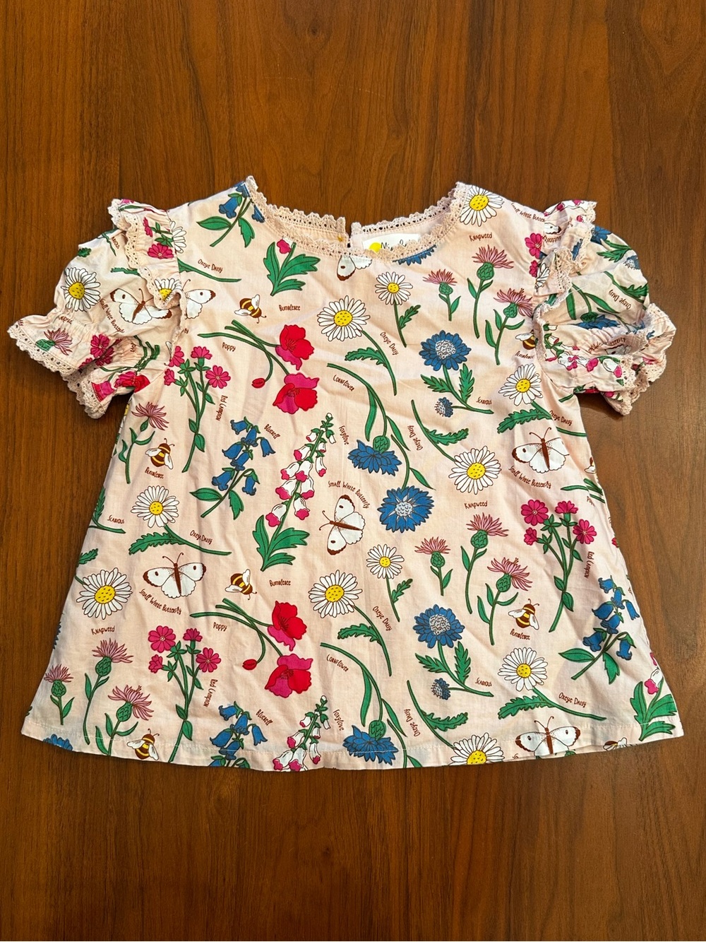 Mini Boden Kids Floral & Bug Lace-Trim Top - Pink Multi size 5-6